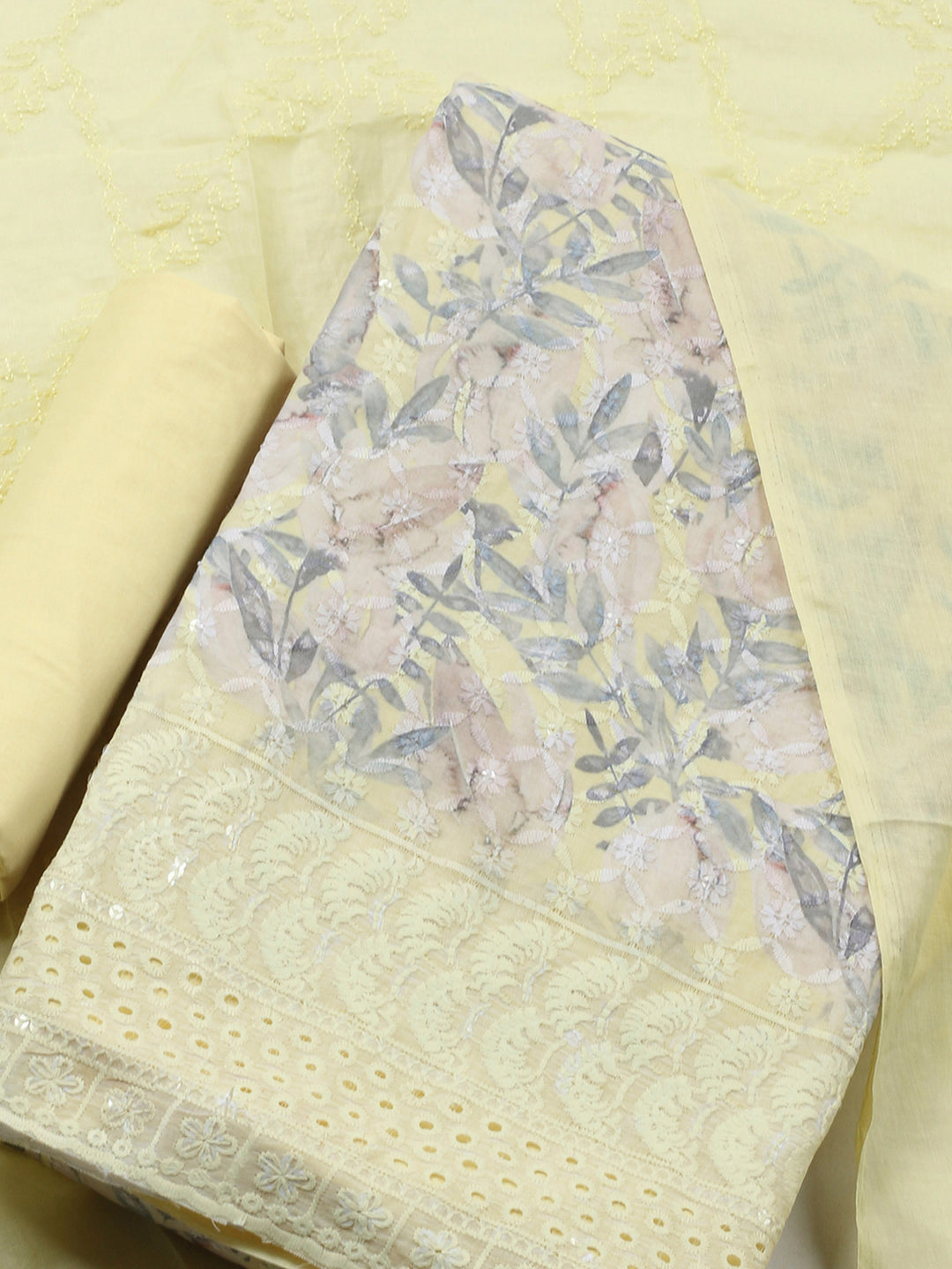 Lemon Printed Cotton Blend Unstitched Suit &amp; Pant With Cotton Dupatta