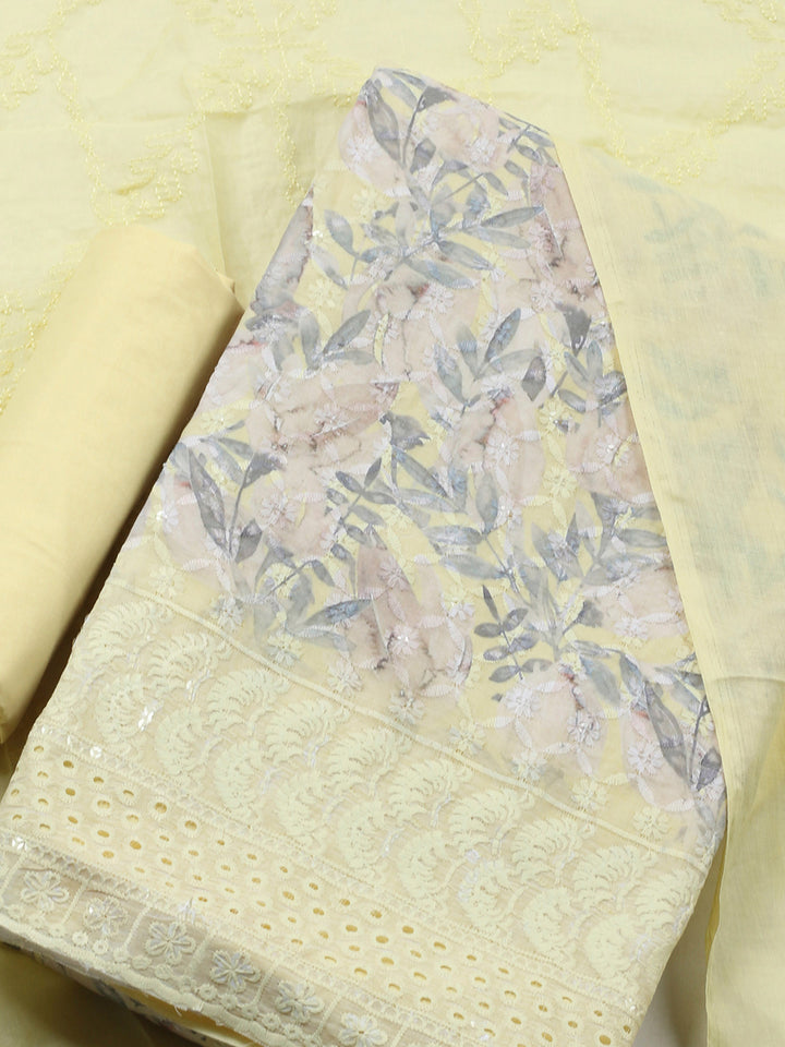 Lemon Printed Cotton Blend Unstitched Suit &amp; Pant With Cotton Dupatta