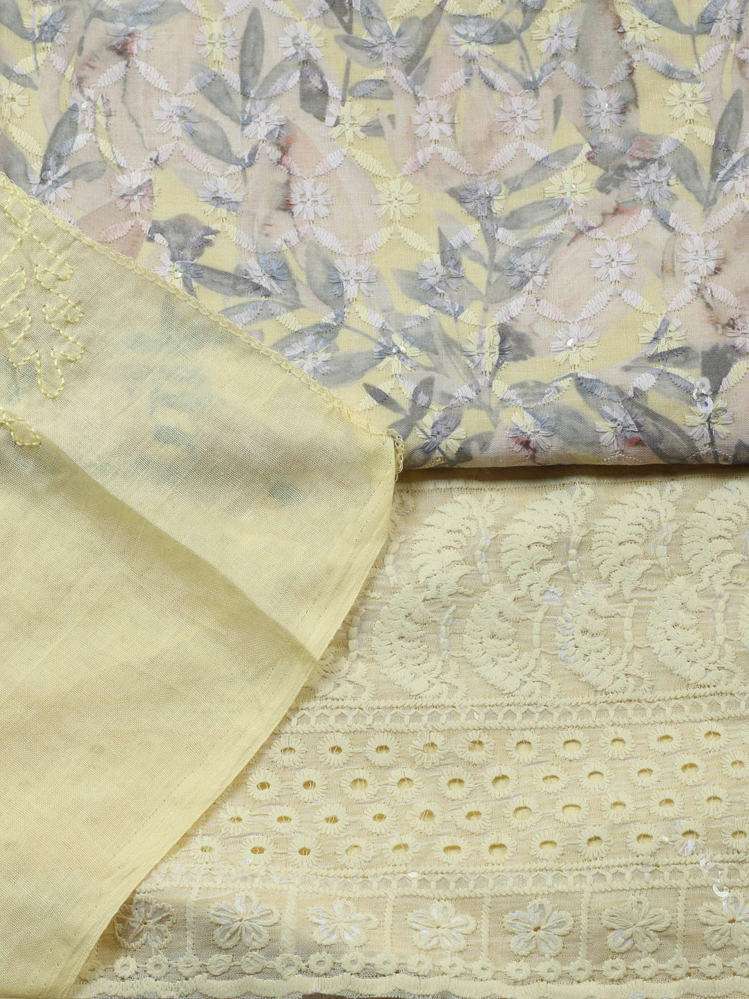 Lemon Printed Cotton Blend Unstitched Suit &amp; Pant With Cotton Dupatta