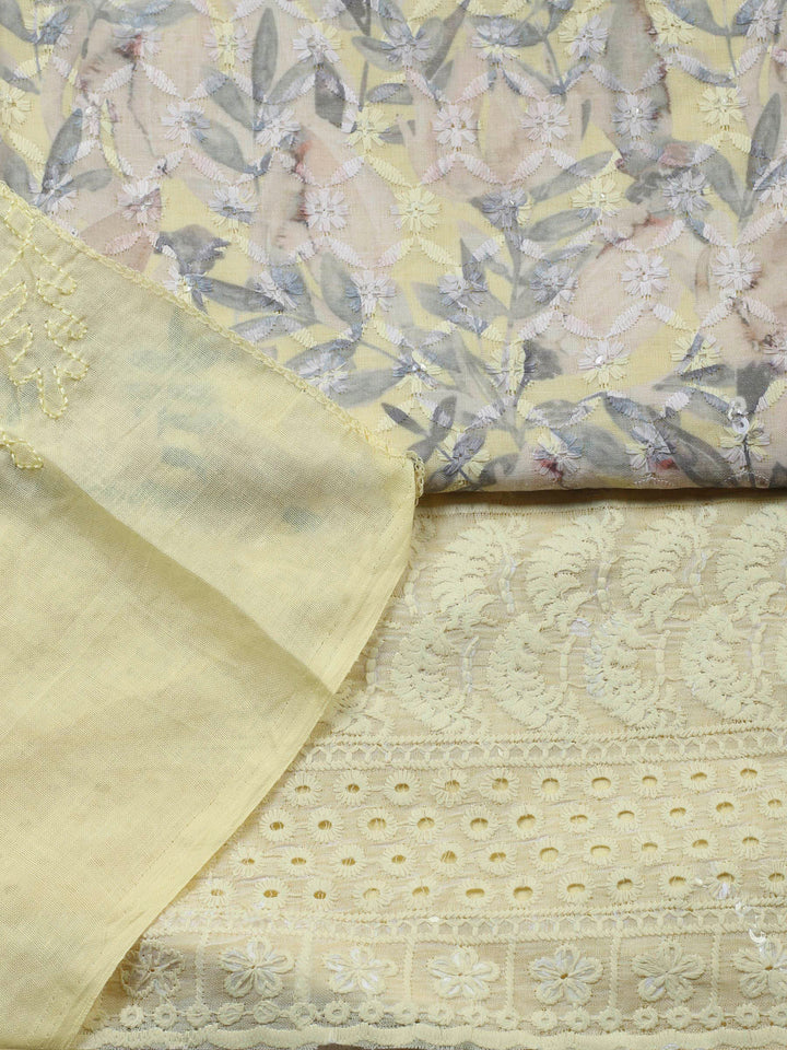 Lemon Printed Cotton Blend Unstitched Suit &amp; Pant With Cotton Dupatta