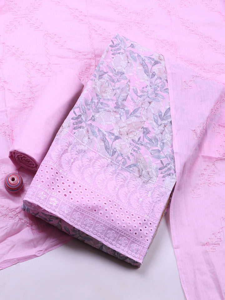 Mauve Printed Cotton Blend Unstitched Suit &amp; Pant With Cotton Dupatta