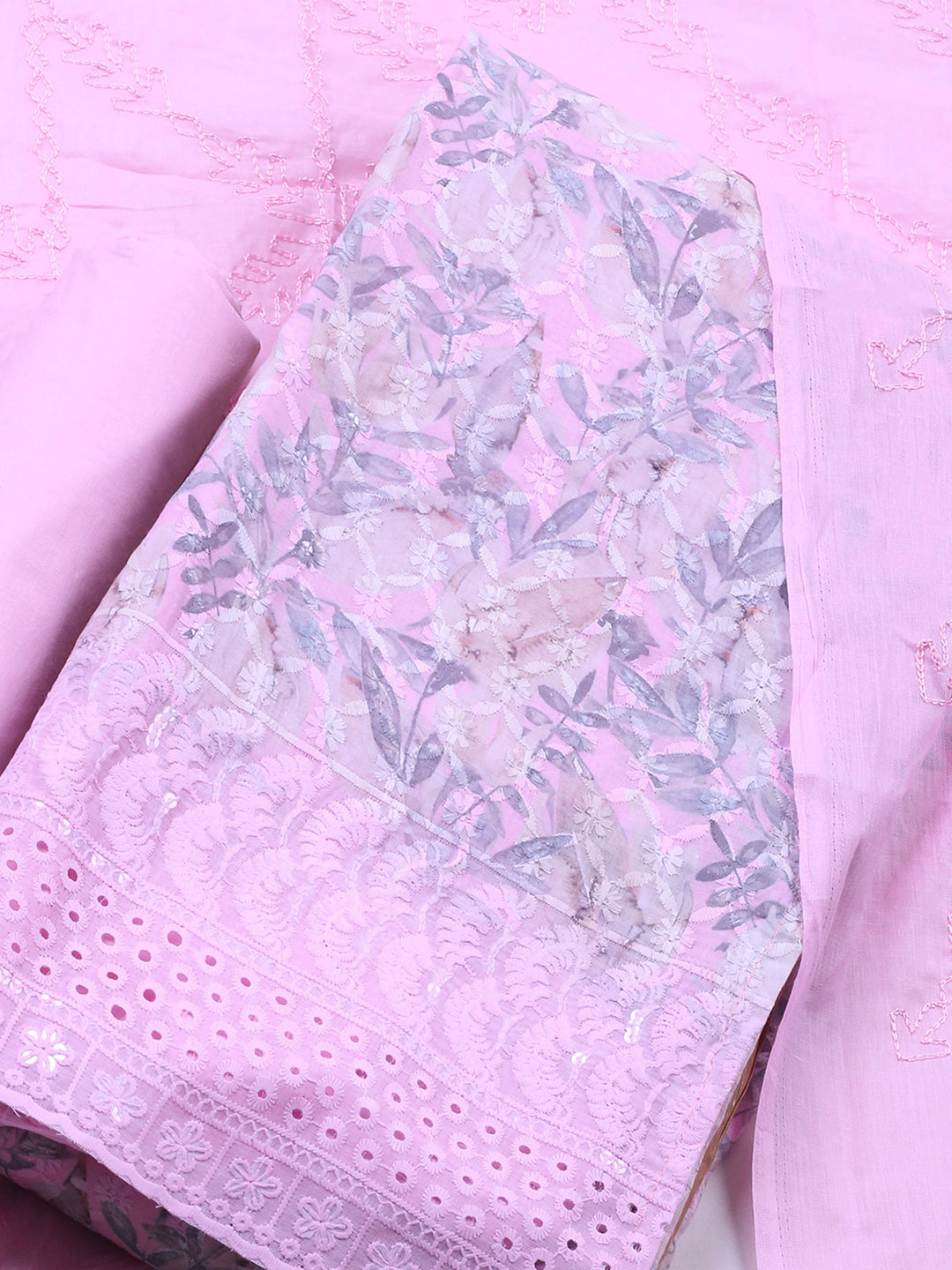 Mauve Printed Cotton Blend Unstitched Suit &amp; Pant With Cotton Dupatta