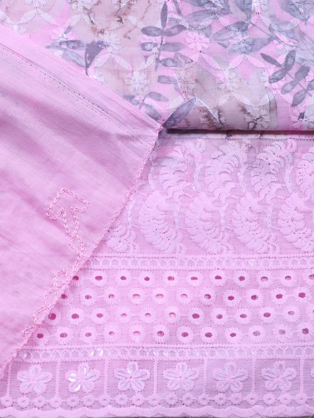 Mauve Printed Cotton Blend Unstitched Suit &amp; Pant With Cotton Dupatta