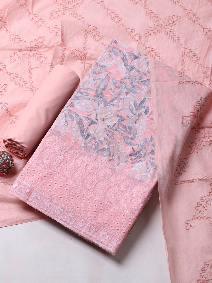 Peach Printed Cotton Blend Unstitched Suit &amp; Pant With Cotton Dupatta