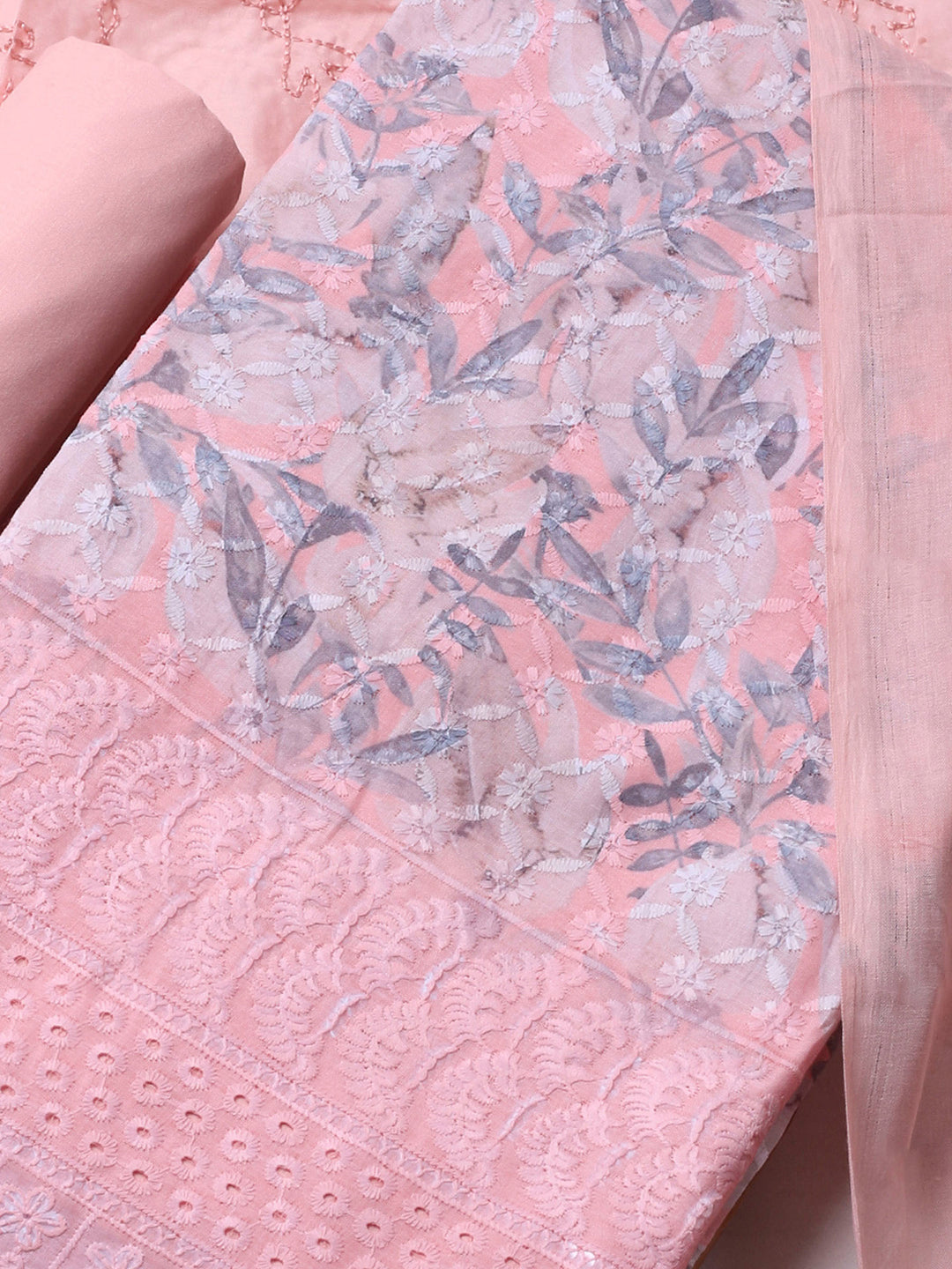 Peach Printed Cotton Blend Unstitched Suit &amp; Pant With Cotton Dupatta