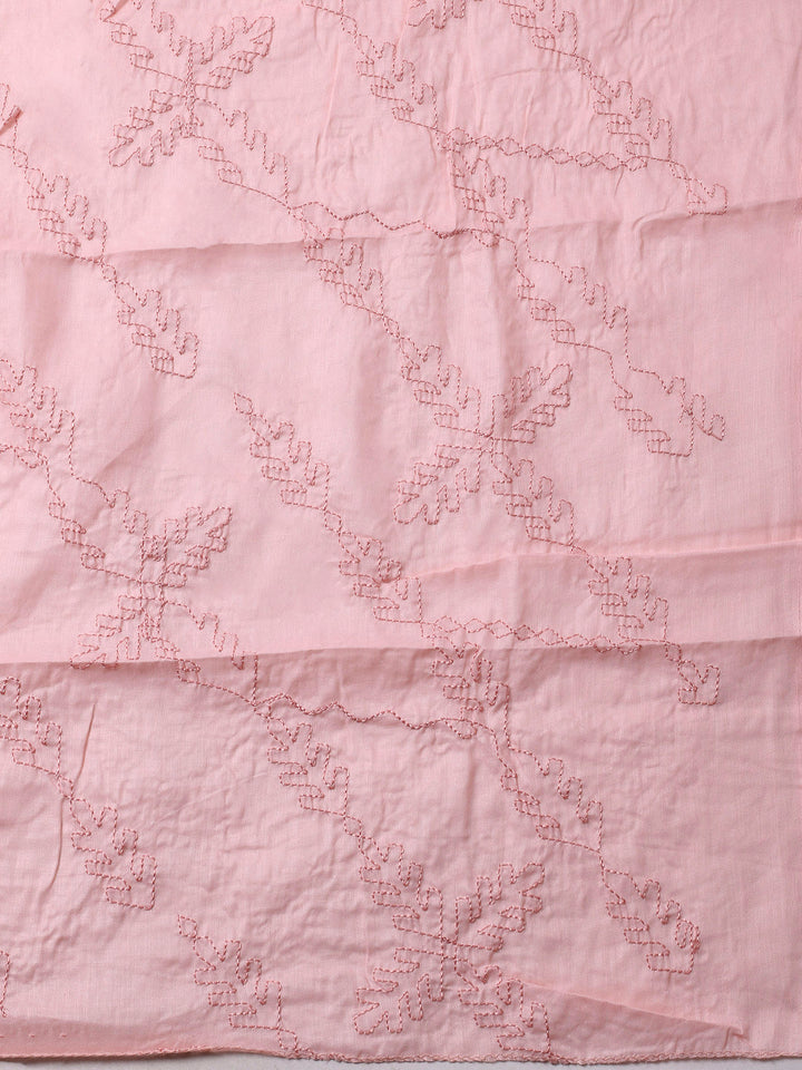 Peach Printed Cotton Blend Unstitched Suit &amp; Pant With Cotton Dupatta