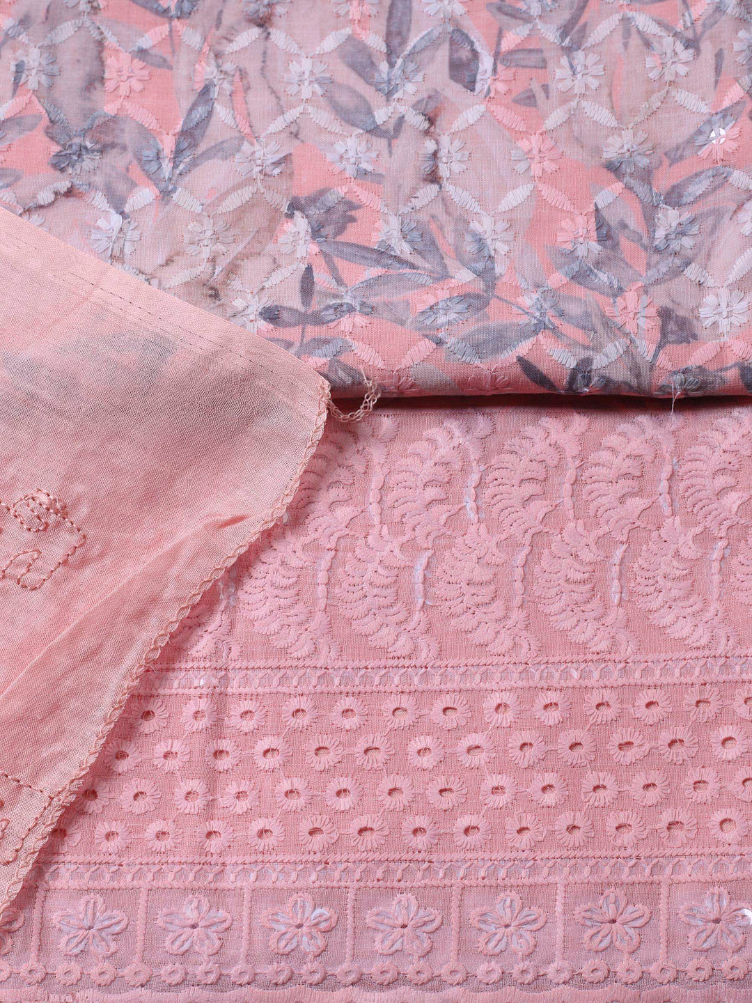 Peach Printed Cotton Blend Unstitched Suit &amp; Pant With Cotton Dupatta