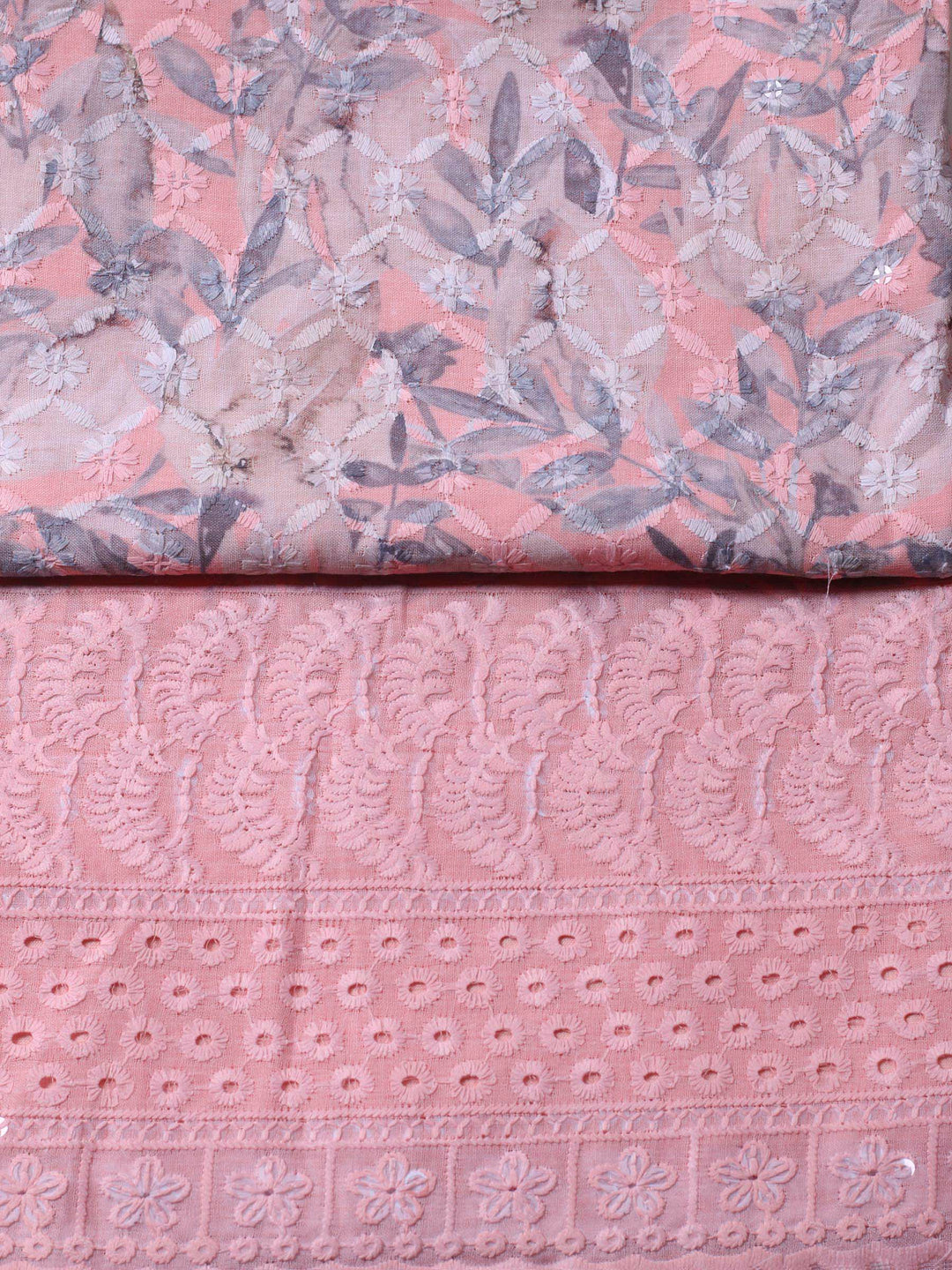 Peach Printed Cotton Blend Unstitched Suit &amp; Pant With Cotton Dupatta