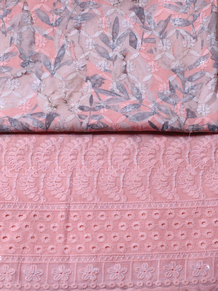 Peach Printed Cotton Blend Unstitched Suit &amp; Pant With Cotton Dupatta
