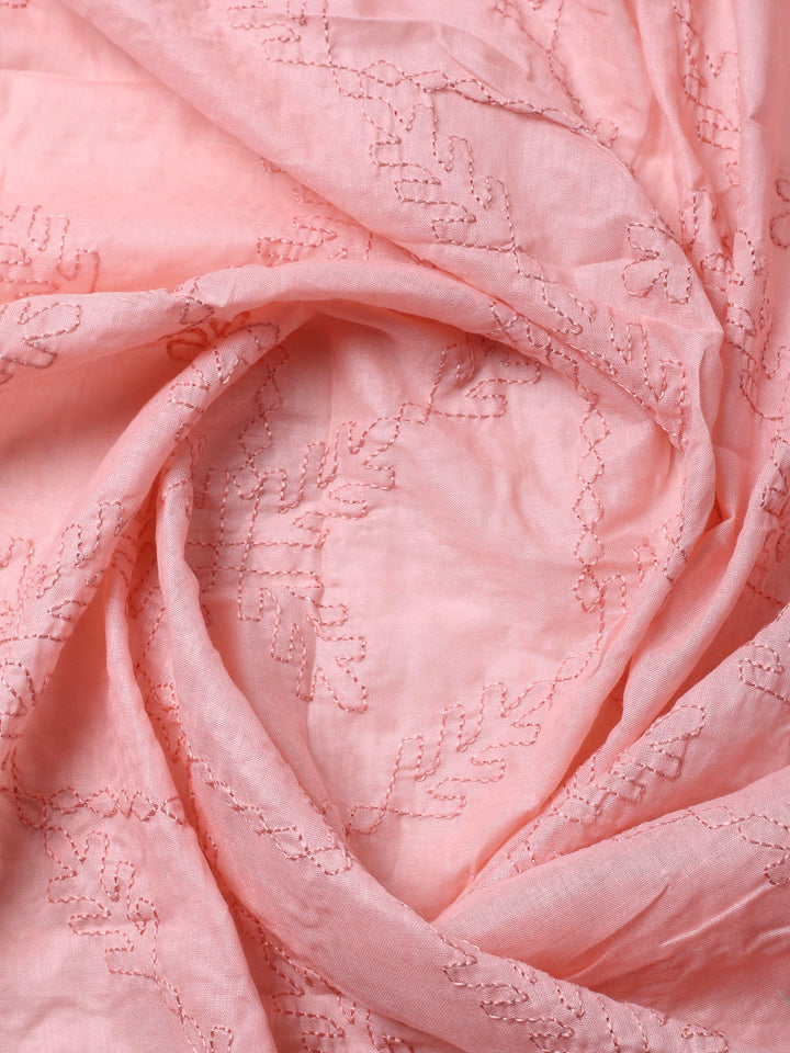Peach Printed Cotton Blend Unstitched Suit &amp; Pant With Cotton Dupatta