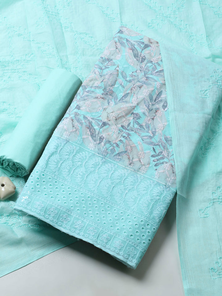 Sea Green Printed Cotton Blend Unstitched Suit &amp; Pant With Cotton Dupatta