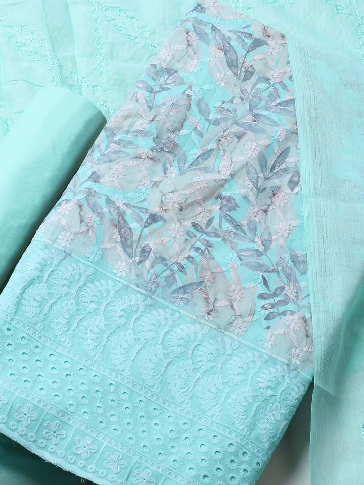 Sea Green Printed Cotton Blend Unstitched Suit &amp; Pant With Cotton Dupatta