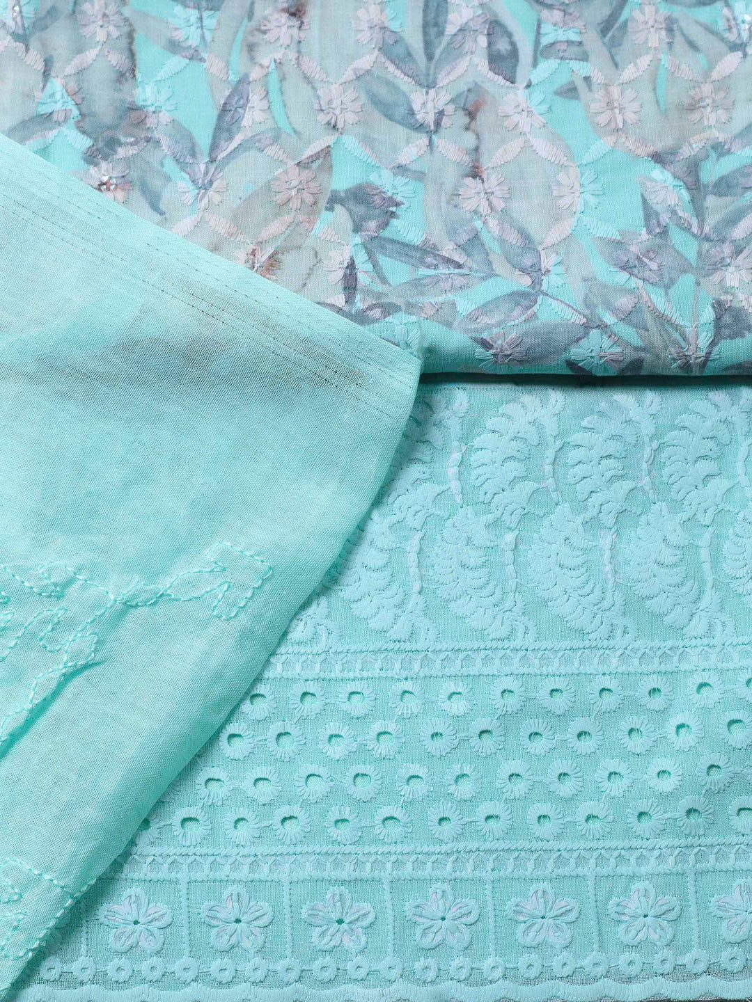 Sea Green Printed Cotton Blend Unstitched Suit &amp; Pant With Cotton Dupatta