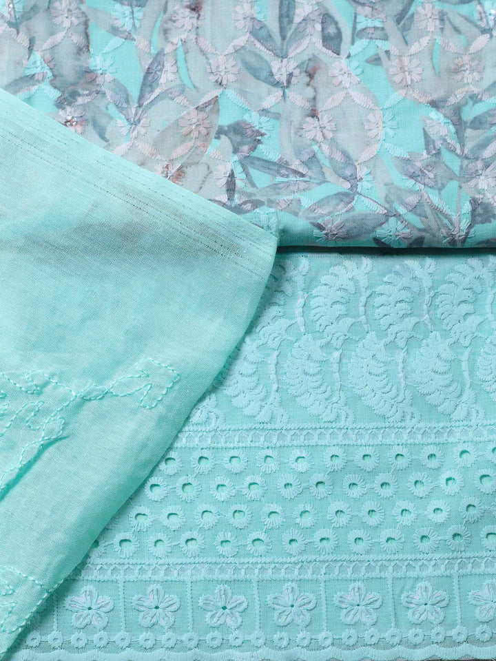 Sea Green Printed Cotton Blend Unstitched Suit &amp; Pant With Cotton Dupatta