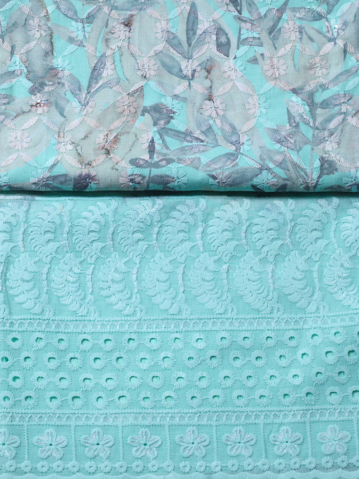 Sea Green Printed Cotton Blend Unstitched Suit &amp; Pant With Cotton Dupatta