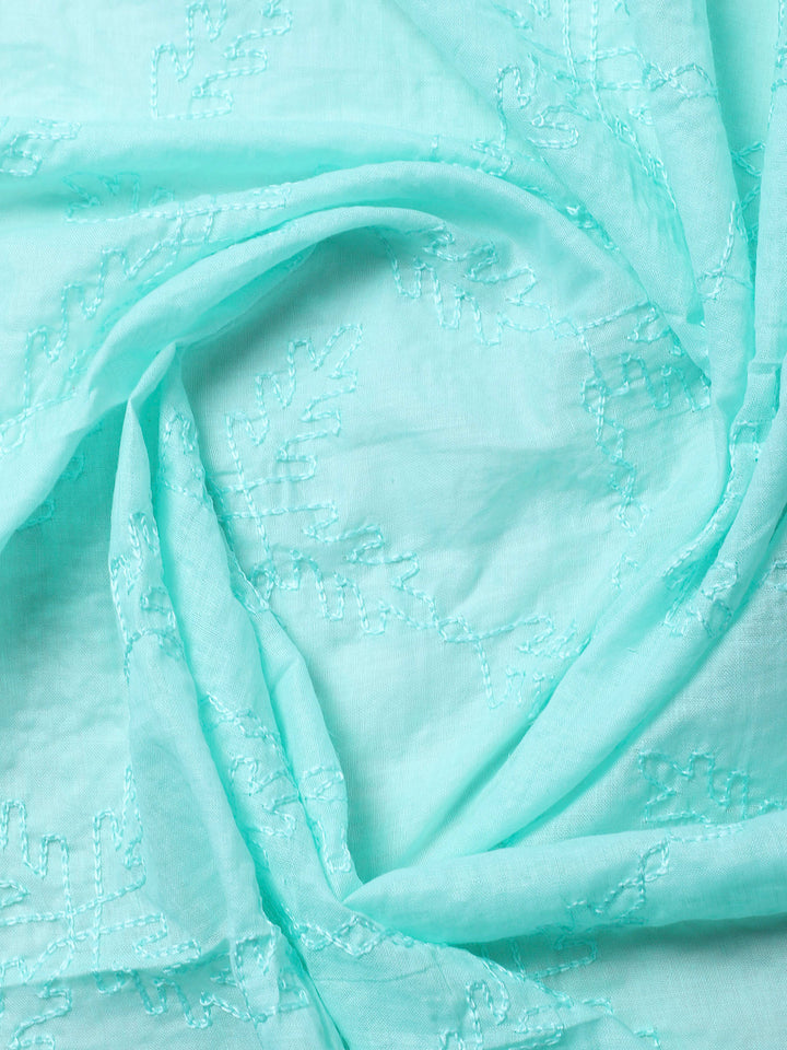Sea Green Printed Cotton Blend Unstitched Suit &amp; Pant With Cotton Dupatta