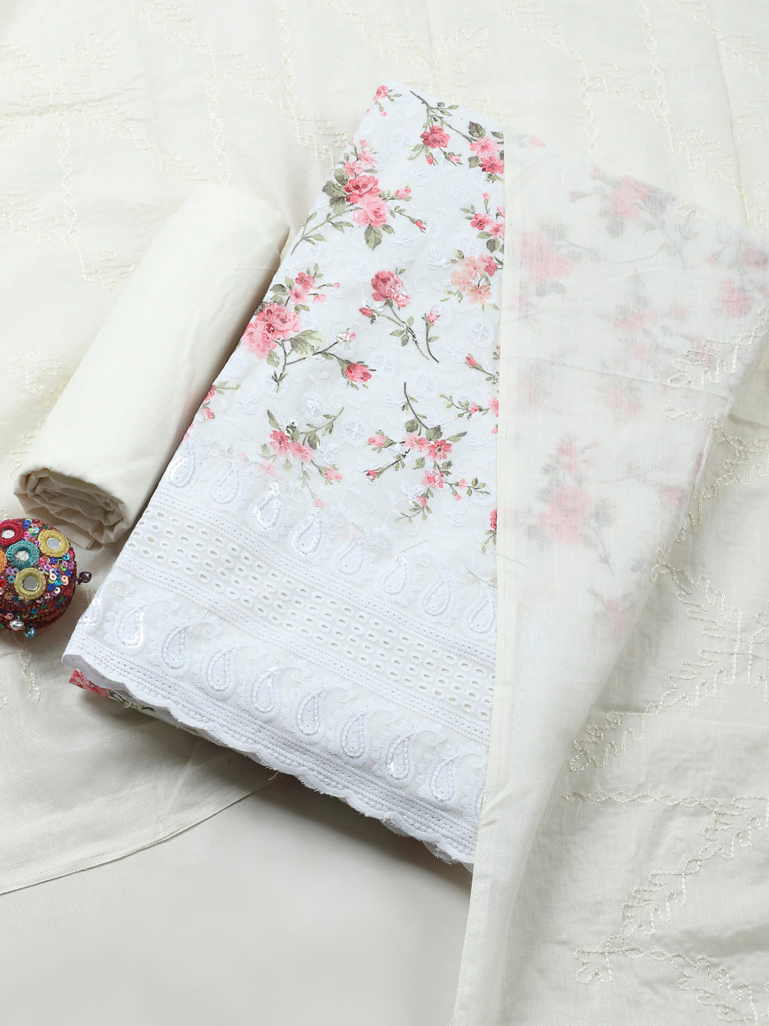 Cream Printed Cotton Blend Unstitched Suit &amp; Pant With Cotton Dupatta