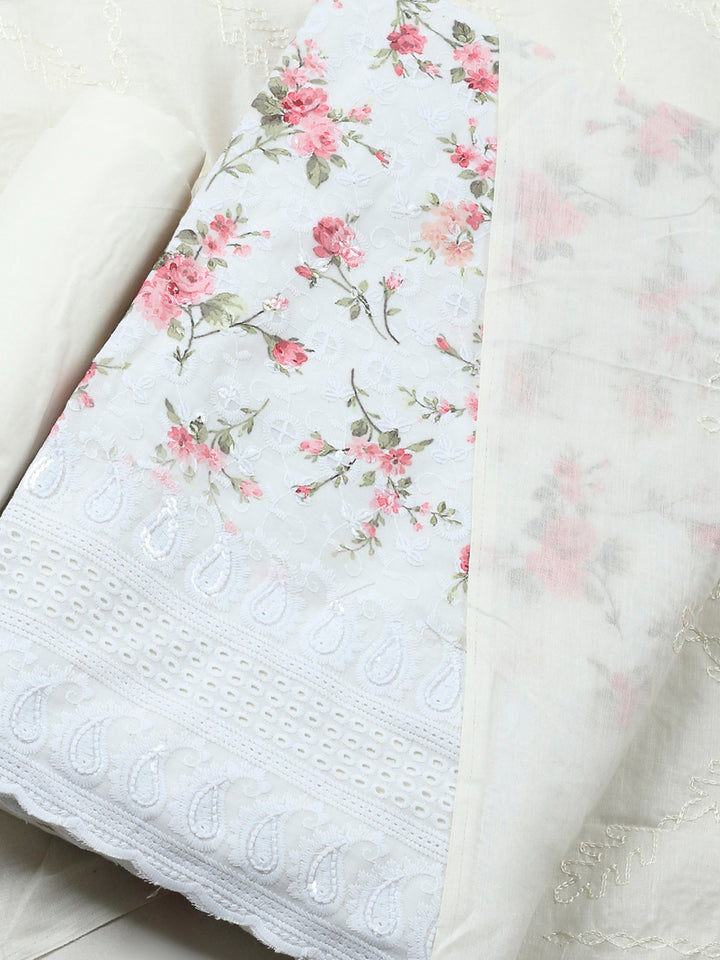 Cream Printed Cotton Blend Unstitched Suit &amp; Pant With Cotton Dupatta