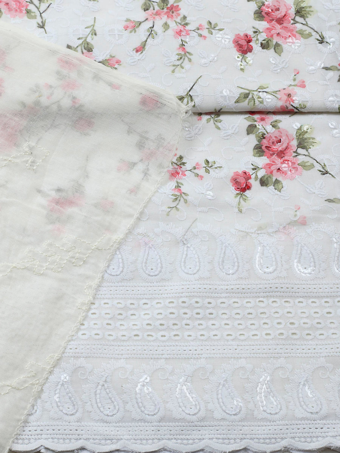 Cream Printed Cotton Blend Unstitched Suit &amp; Pant With Cotton Dupatta