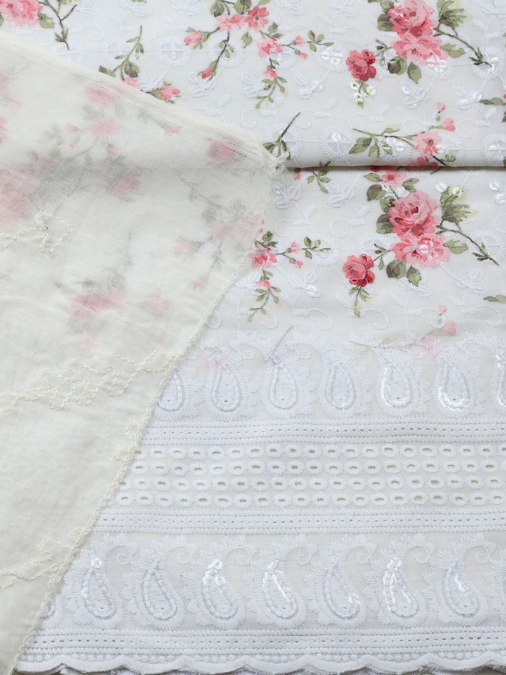 Cream Printed Cotton Blend Unstitched Suit &amp; Pant With Cotton Dupatta
