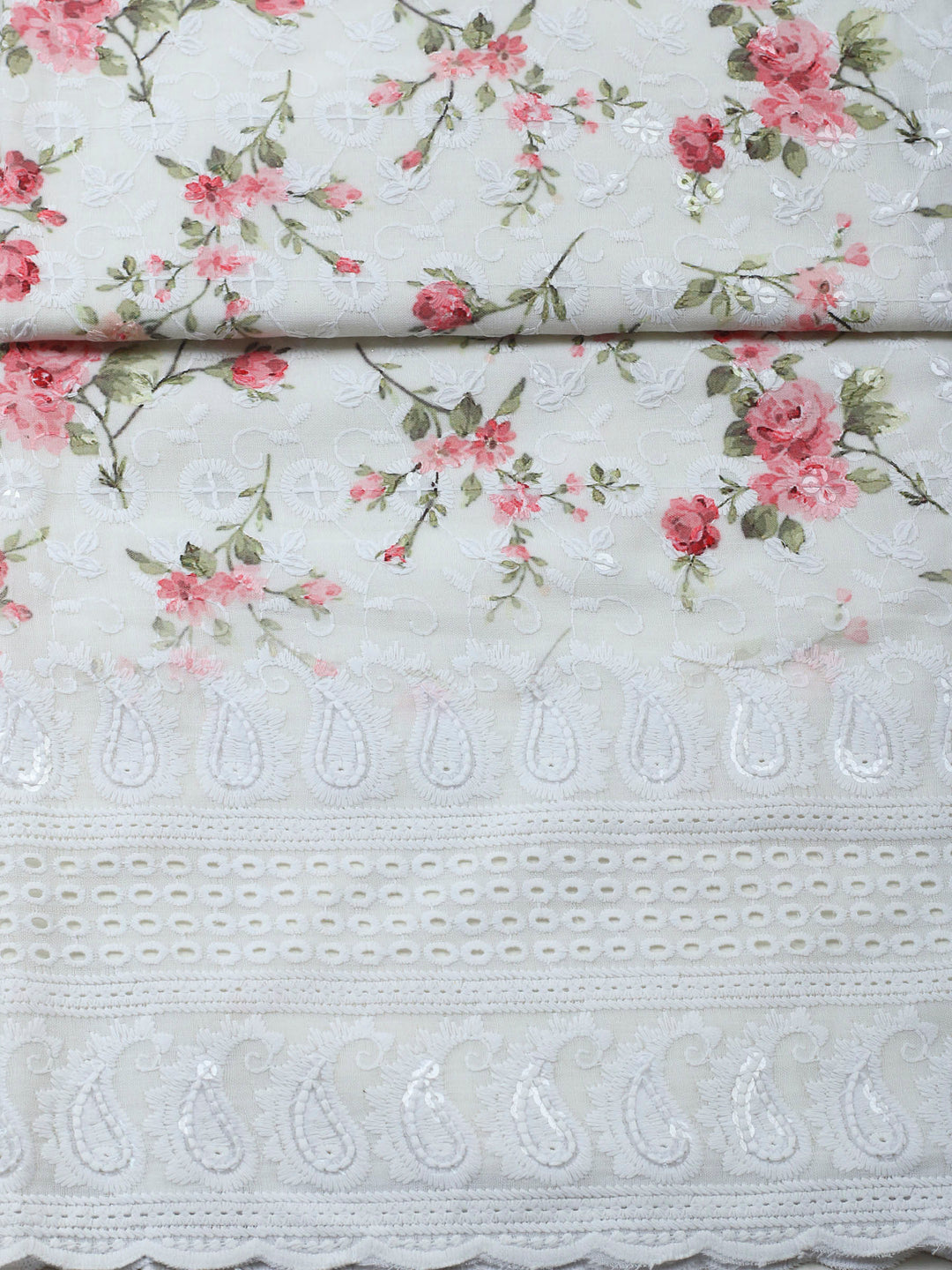 Cream Printed Cotton Blend Unstitched Suit &amp; Pant With Cotton Dupatta