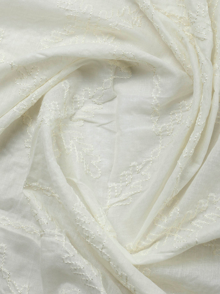 Cream Printed Cotton Blend Unstitched Suit &amp; Pant With Cotton Dupatta
