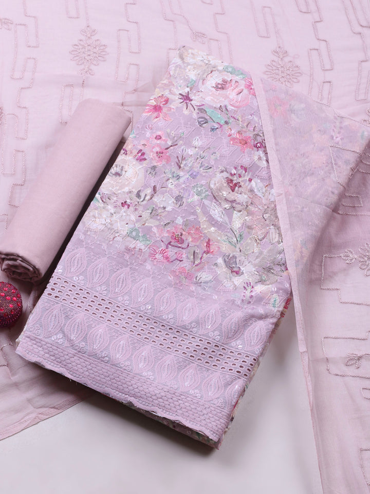 Lilac Printed Cotton Blend Unstitched Suit &amp; Pant With Chiffon Dupatta