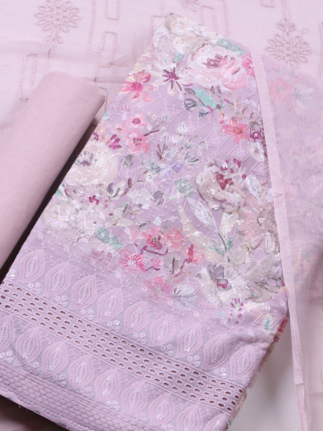 Lilac Printed Cotton Blend Unstitched Suit &amp; Pant With Chiffon Dupatta