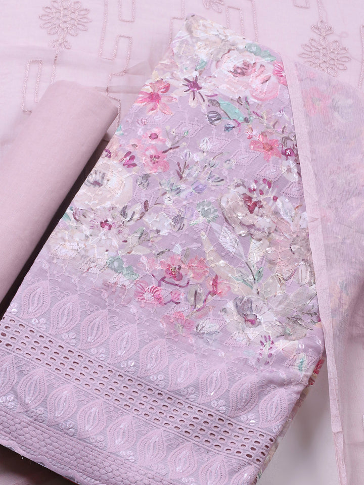 Lilac Printed Cotton Blend Unstitched Suit &amp; Pant With Chiffon Dupatta