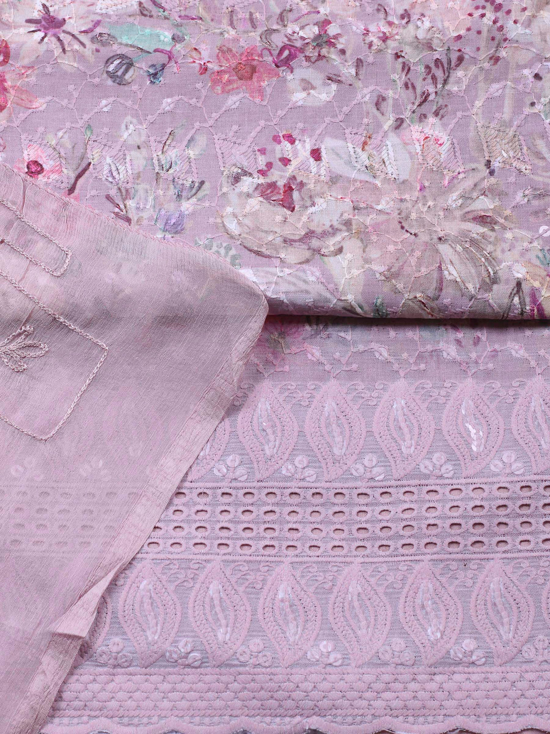 Lilac Printed Cotton Blend Unstitched Suit &amp; Pant With Chiffon Dupatta