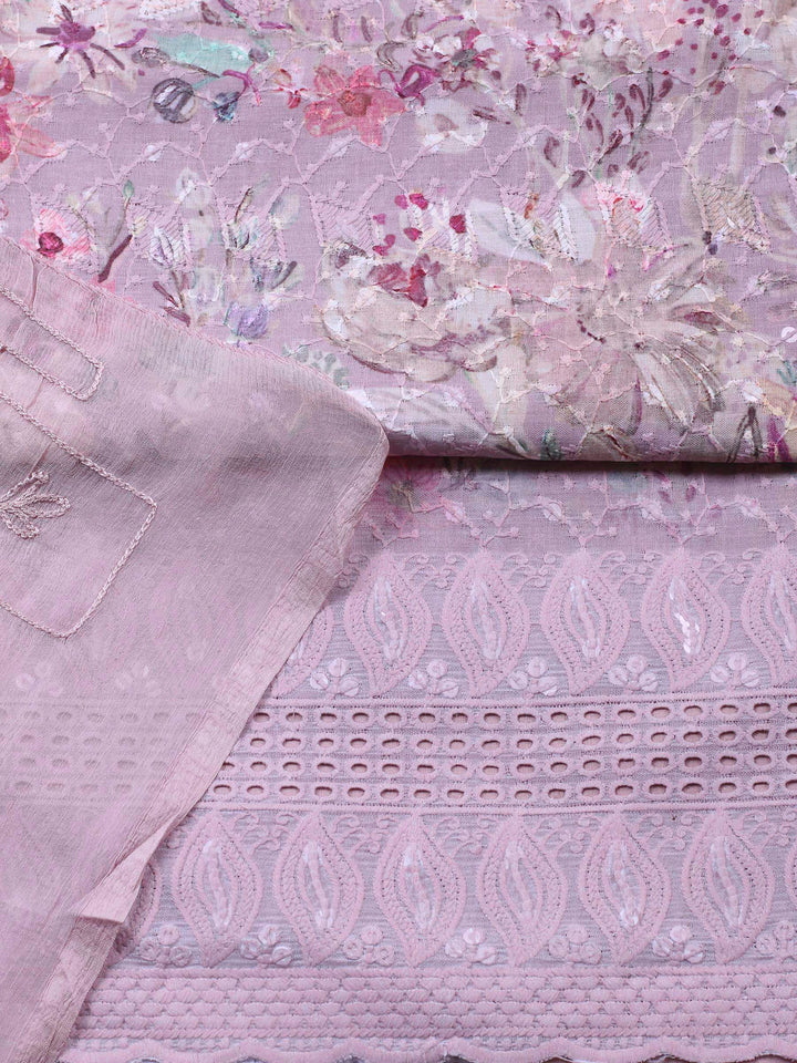 Lilac Printed Cotton Blend Unstitched Suit &amp; Pant With Chiffon Dupatta