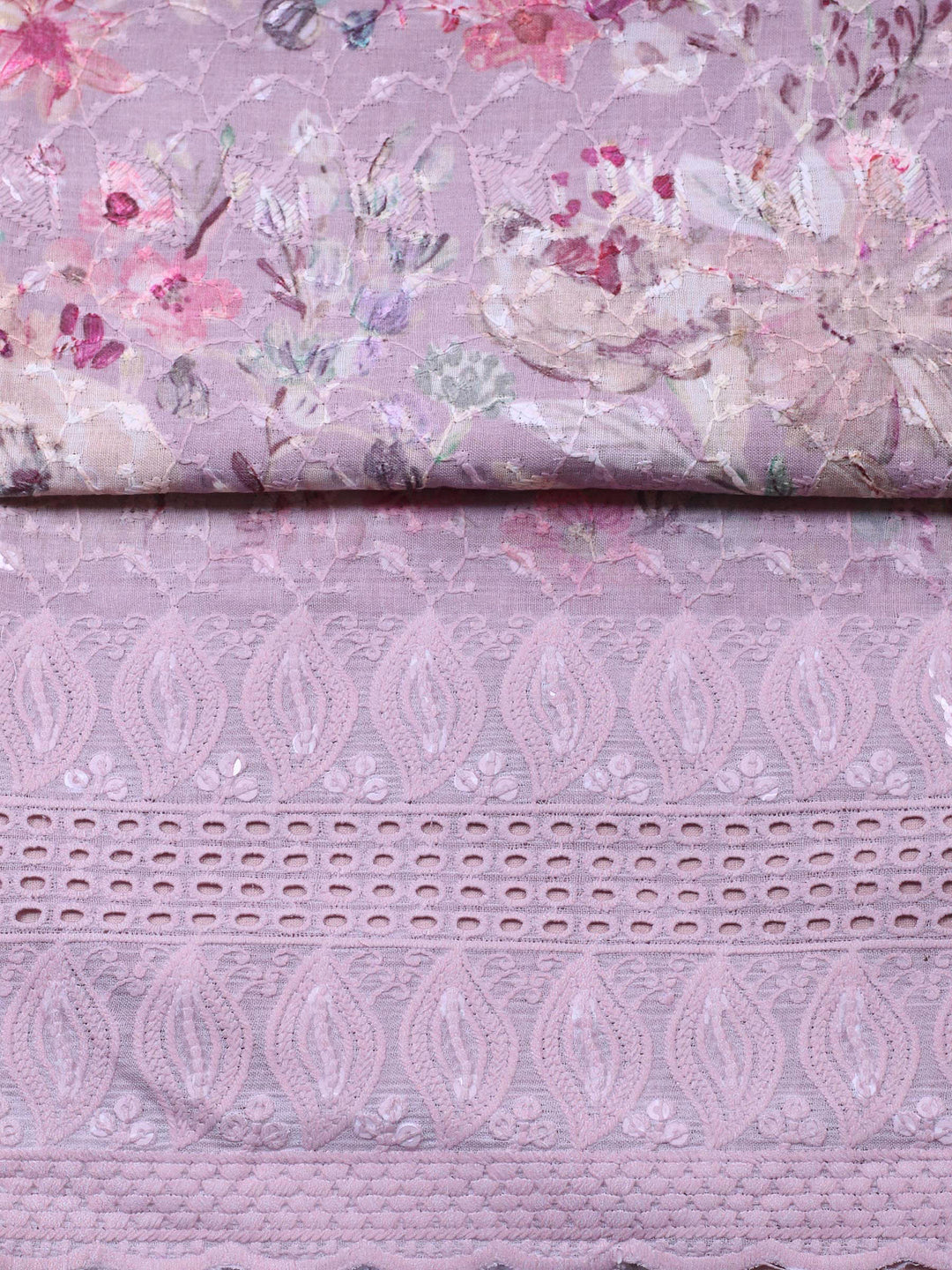 Lilac Printed Cotton Blend Unstitched Suit &amp; Pant With Chiffon Dupatta