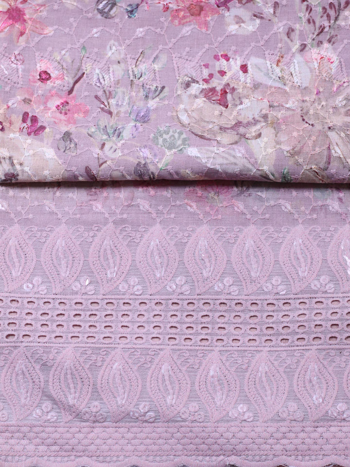 Lilac Printed Cotton Blend Unstitched Suit &amp; Pant With Chiffon Dupatta
