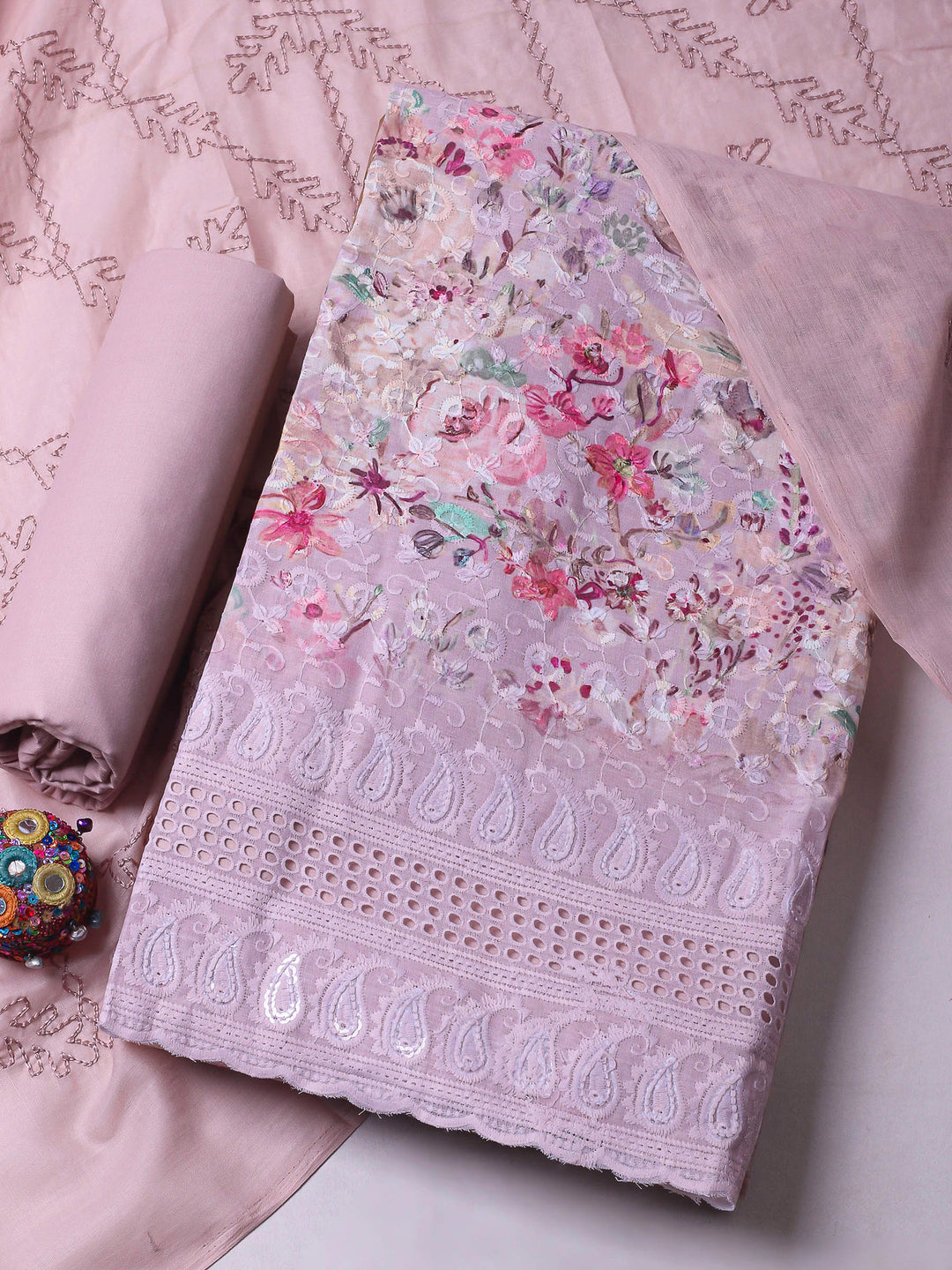 Peach Printed Cotton Blend Unstitched Dress Material