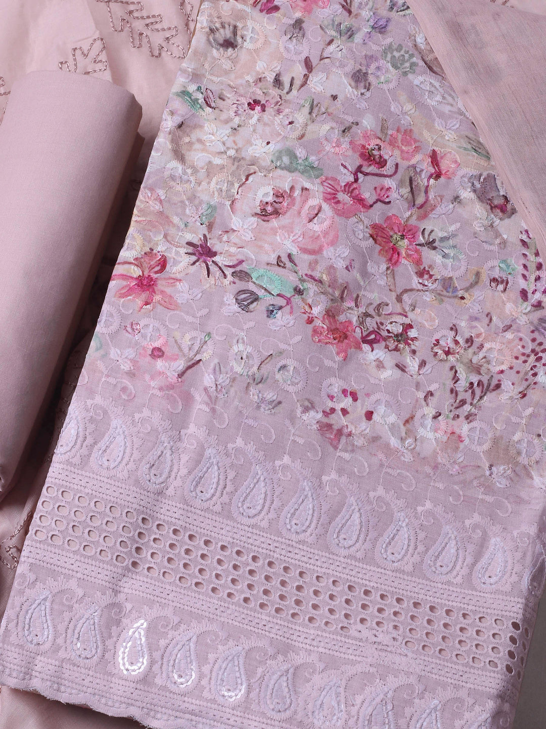 Peach Printed Cotton Blend Unstitched Dress Material