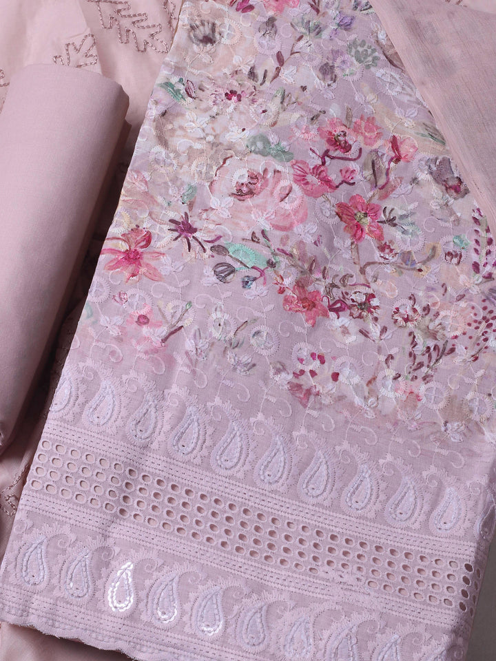 Peach Printed Cotton Blend Unstitched Dress Material