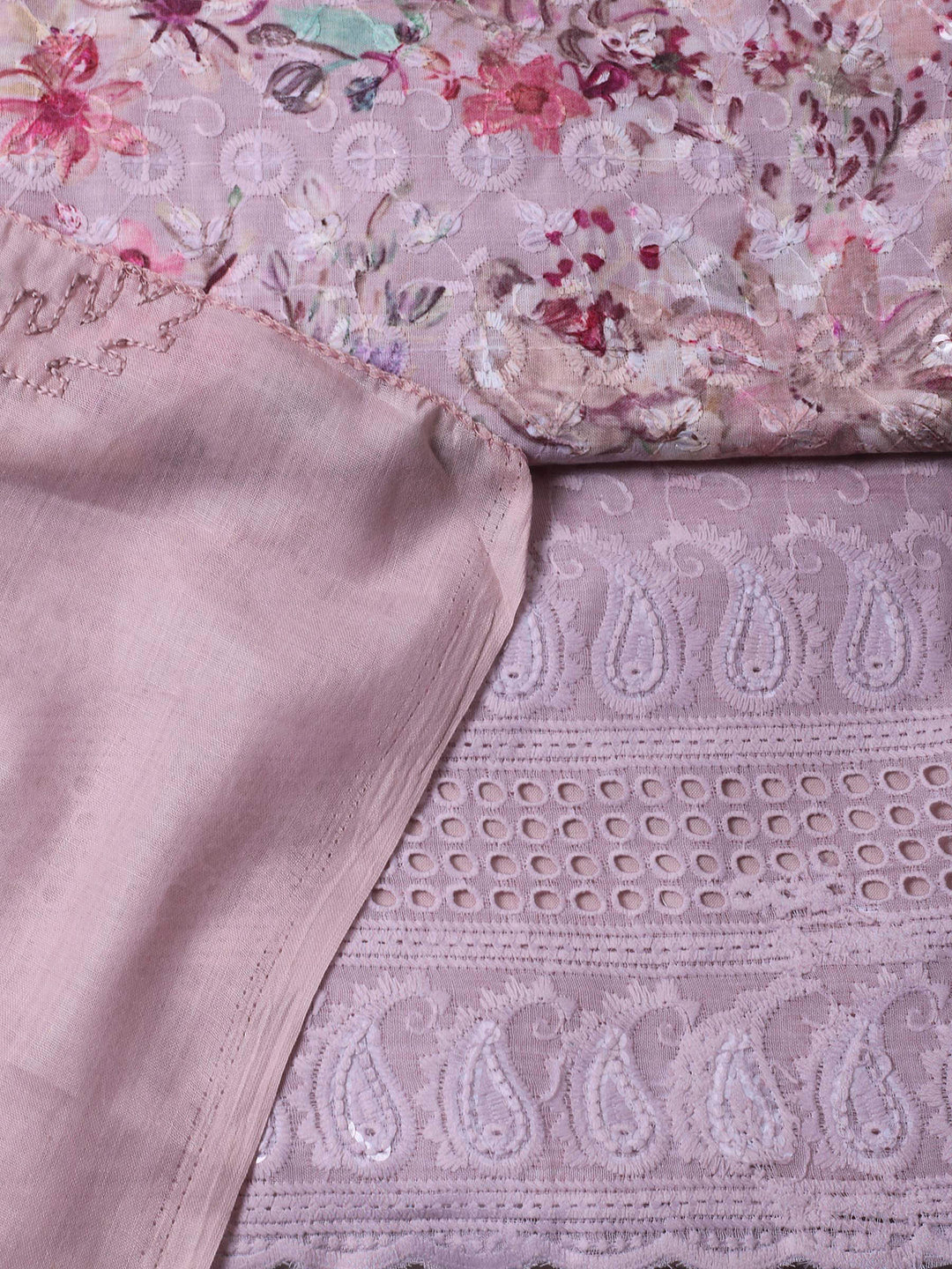 Peach Printed Cotton Blend Unstitched Dress Material