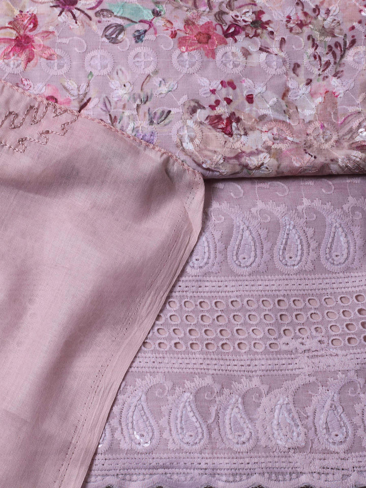 Peach Printed Cotton Blend Unstitched Dress Material