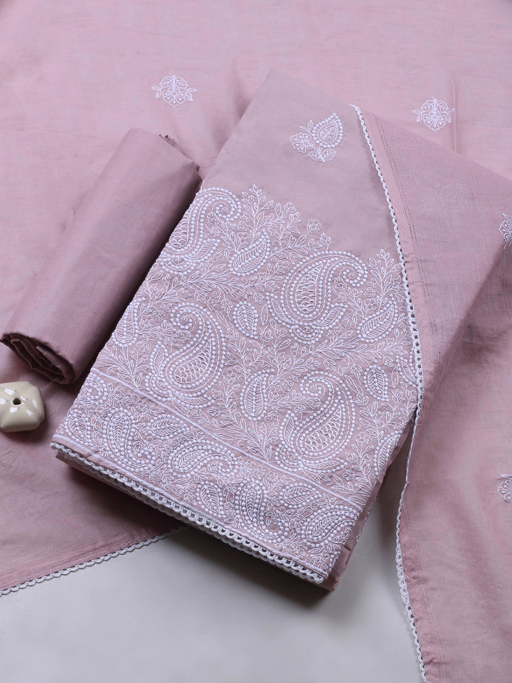 Dusty Pink Embroidered Cotton Blend Unstitched Suit &amp; Pant With Cotton Dupatta