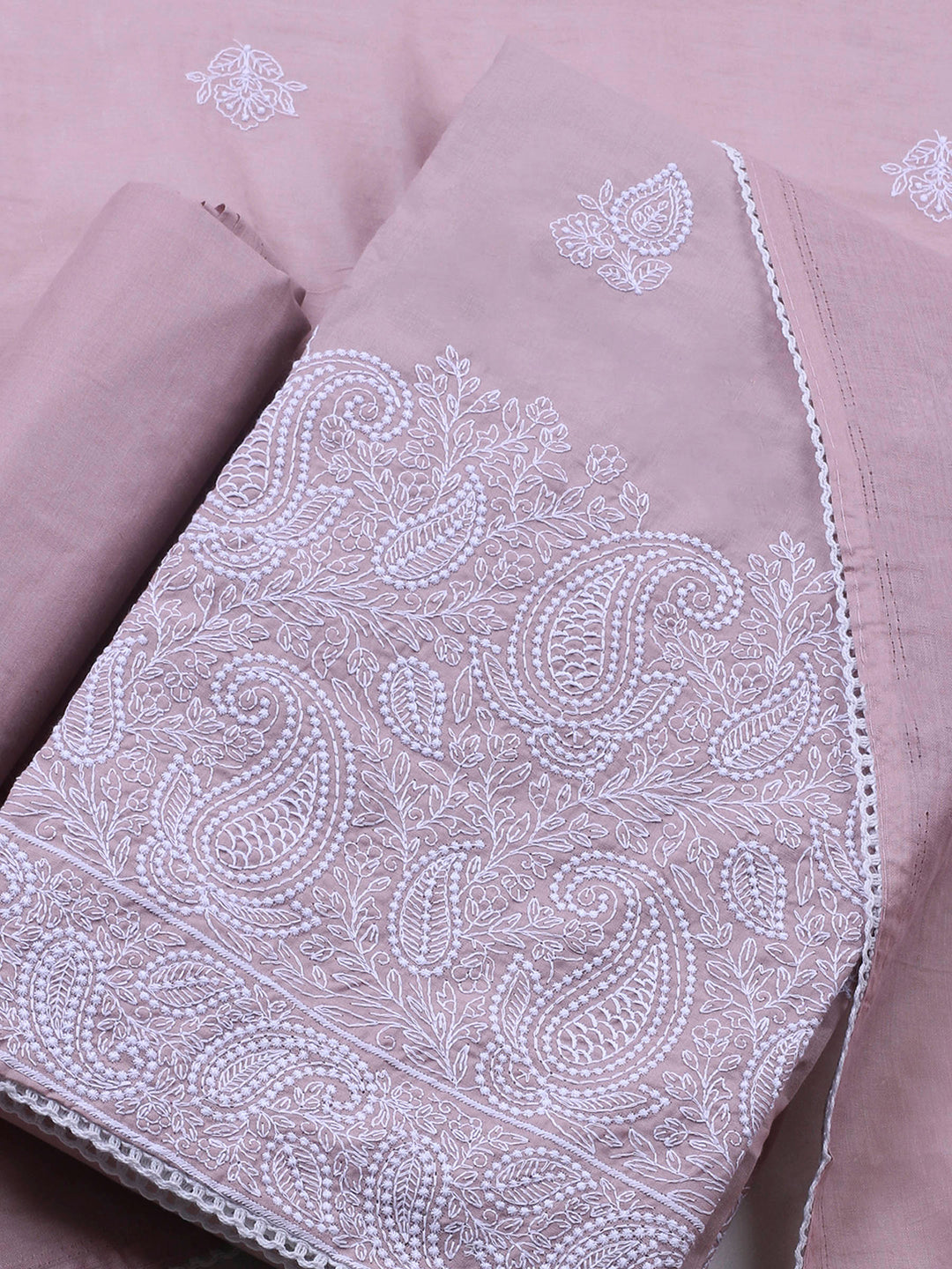 Dusty Pink Embroidered Cotton Blend Unstitched Suit &amp; Pant With Cotton Dupatta