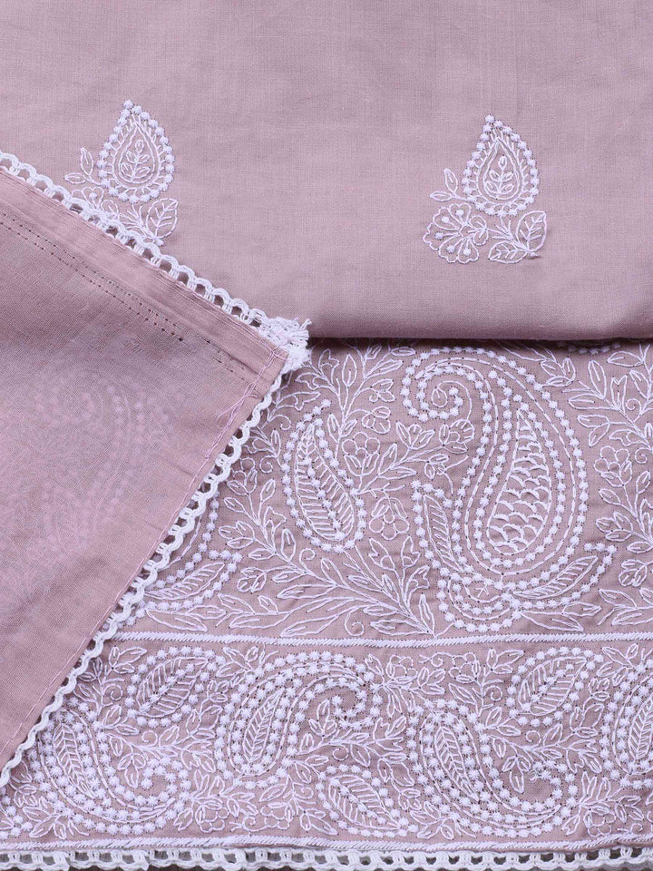 Dusty Pink Embroidered Cotton Blend Unstitched Suit &amp; Pant With Cotton Dupatta