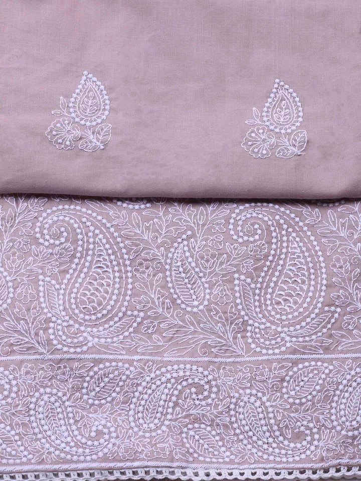 Dusty Pink Embroidered Cotton Blend Unstitched Suit &amp; Pant With Cotton Dupatta