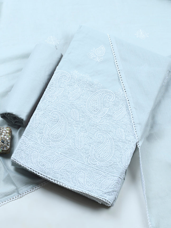 Grey Embroidered Cotton Blend Unstitched Suit &amp; Pant With Cotton Dupatta