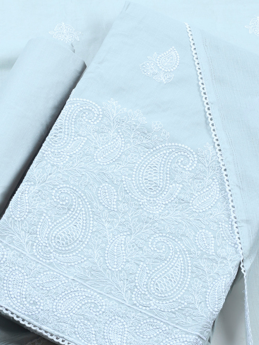Grey Embroidered Cotton Blend Unstitched Suit &amp; Pant With Cotton Dupatta