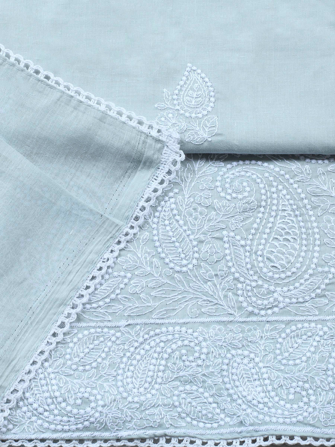 Grey Embroidered Cotton Blend Unstitched Suit &amp; Pant With Cotton Dupatta