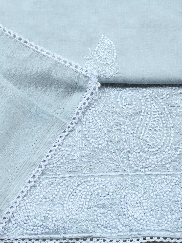 Grey Embroidered Cotton Blend Unstitched Suit &amp; Pant With Cotton Dupatta