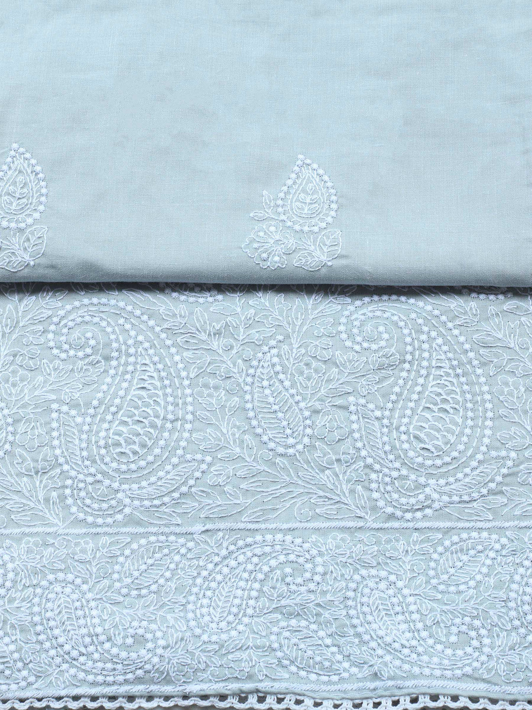 Grey Embroidered Cotton Blend Unstitched Suit &amp; Pant With Cotton Dupatta