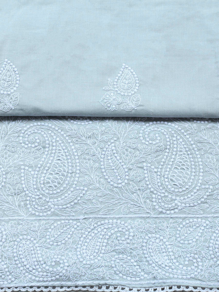 Grey Embroidered Cotton Blend Unstitched Suit &amp; Pant With Cotton Dupatta
