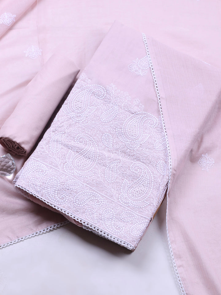 Peach Embroidered Cotton Blend Unstitched Suit &amp; Pant With Cotton Dupatta