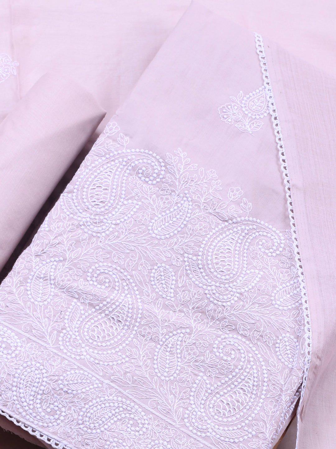 Peach Embroidered Cotton Blend Unstitched Suit &amp; Pant With Cotton Dupatta
